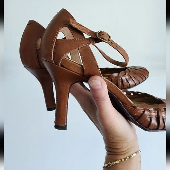 Nine West Women's Woven Brown Leather Round Toe Heels Size 9M - Picture 4 of 8